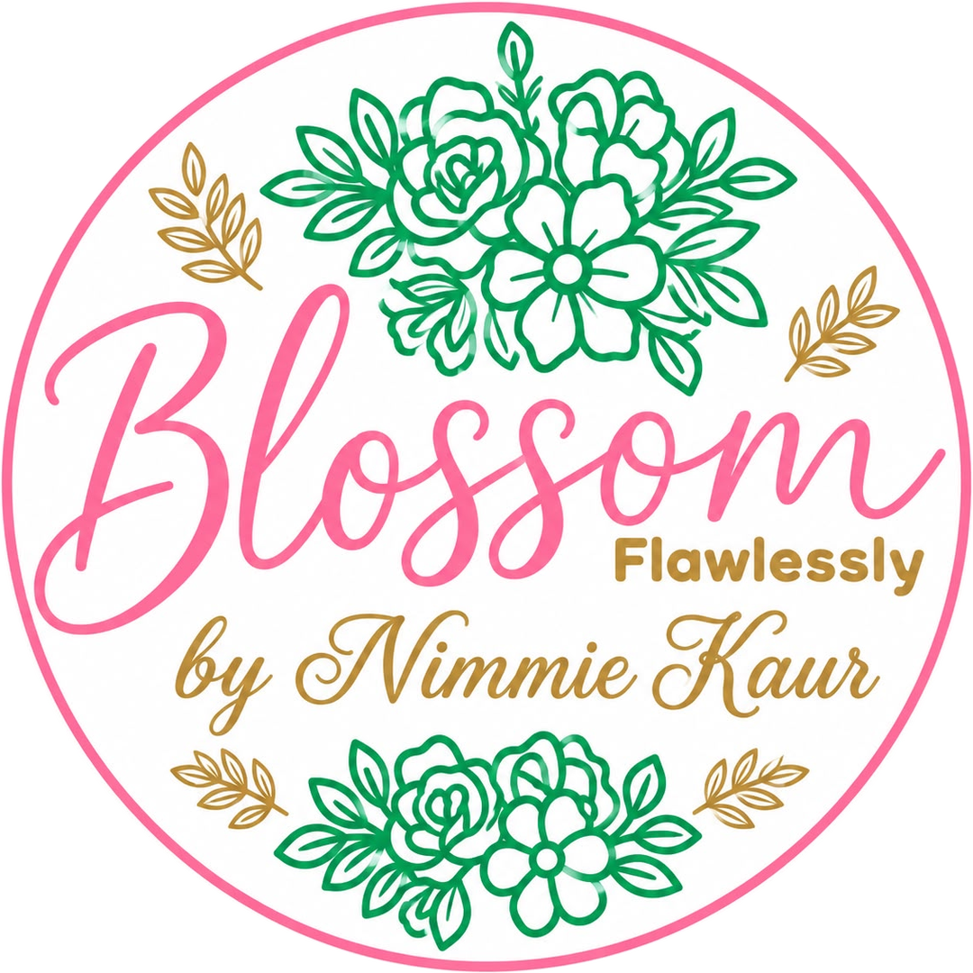 Blossom, Flawlessly by Nimmie Kaur: the salon's round sign with pink lettering and green flowers